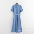 Casual Dress Solid Short Sleeve Denim Dress With Belt Factory